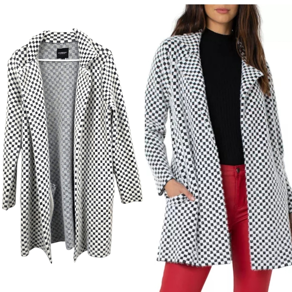 Liverpool Open Front Checkered Cardigan Coat White Black Cozy Lounge XS Oversize